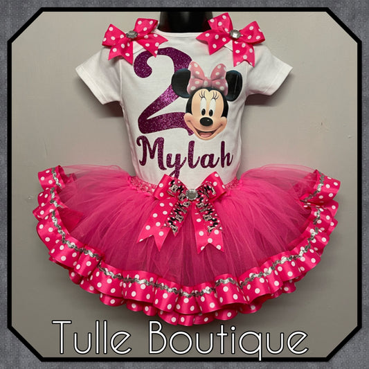 Minnie Mouse ribbon trimmed tutu birthday party outfit